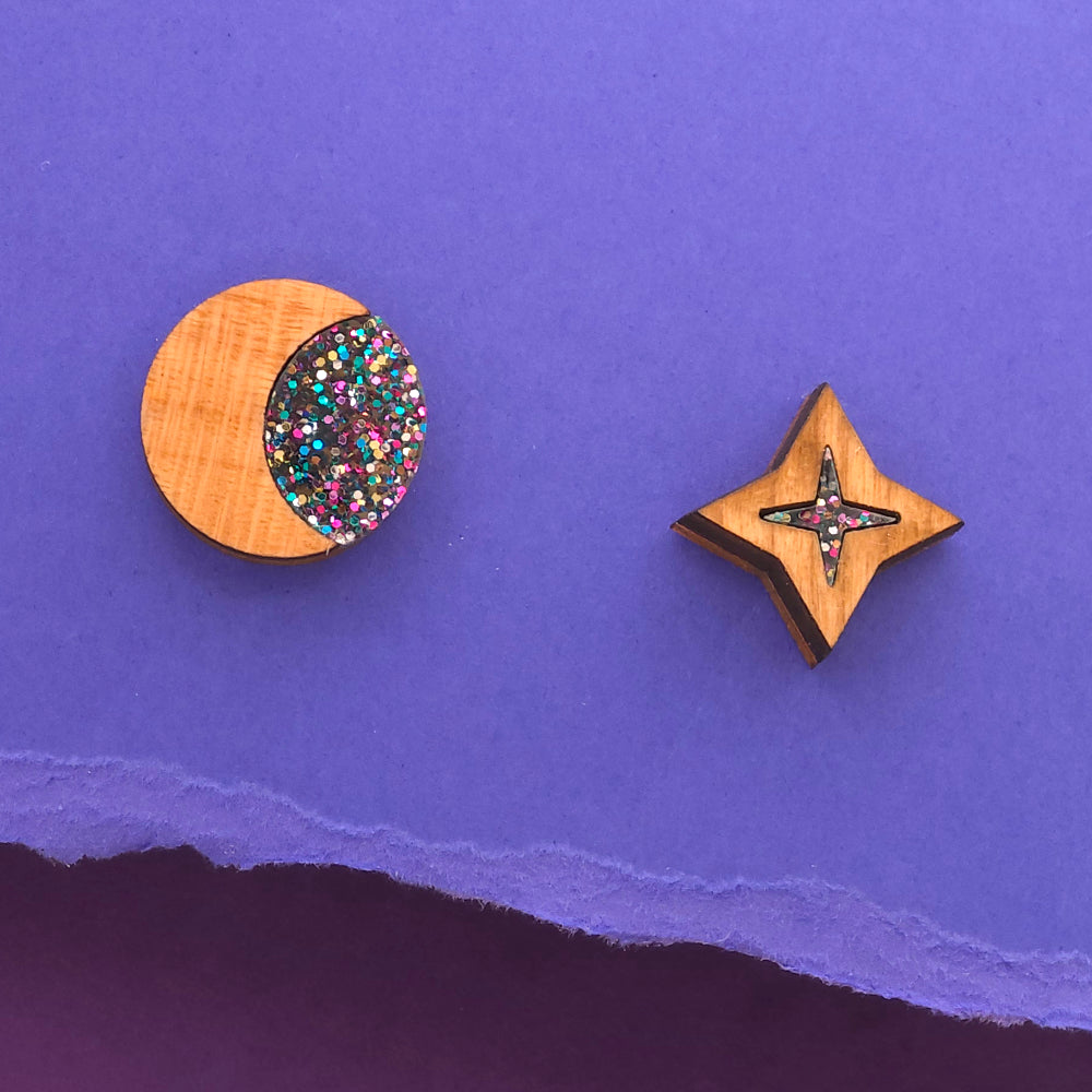 Star and Moon, Stud Earrings