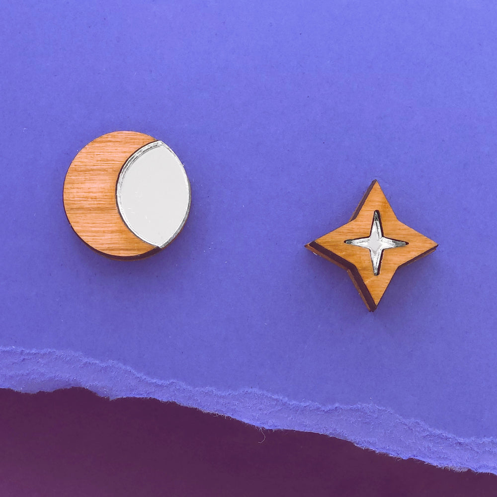 Star and Moon, Stud Earrings