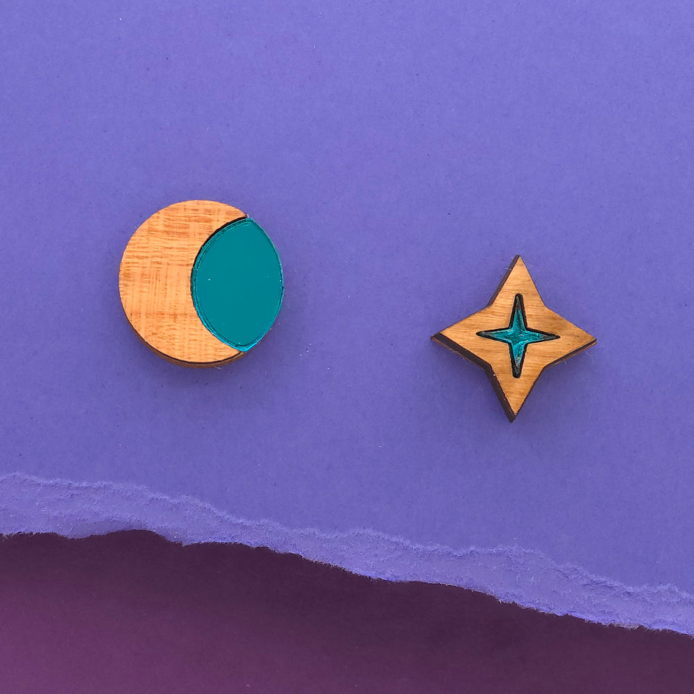 Star and Moon, Stud Earrings